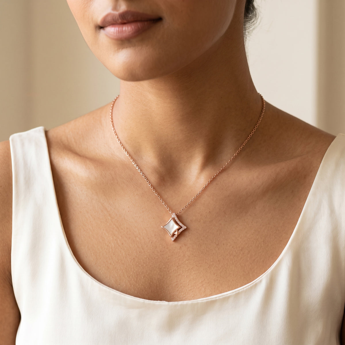 Silver Square Pendant Necklace with Star