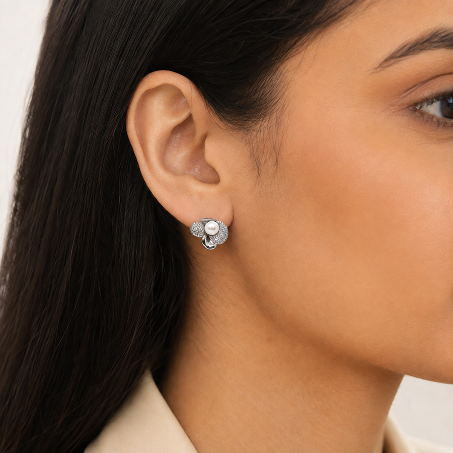 Silver Oval Halo Stud Earrings