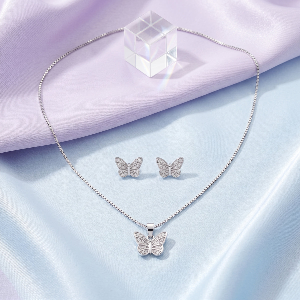 Silver Pavé Butterfly Necklace & Earring Set