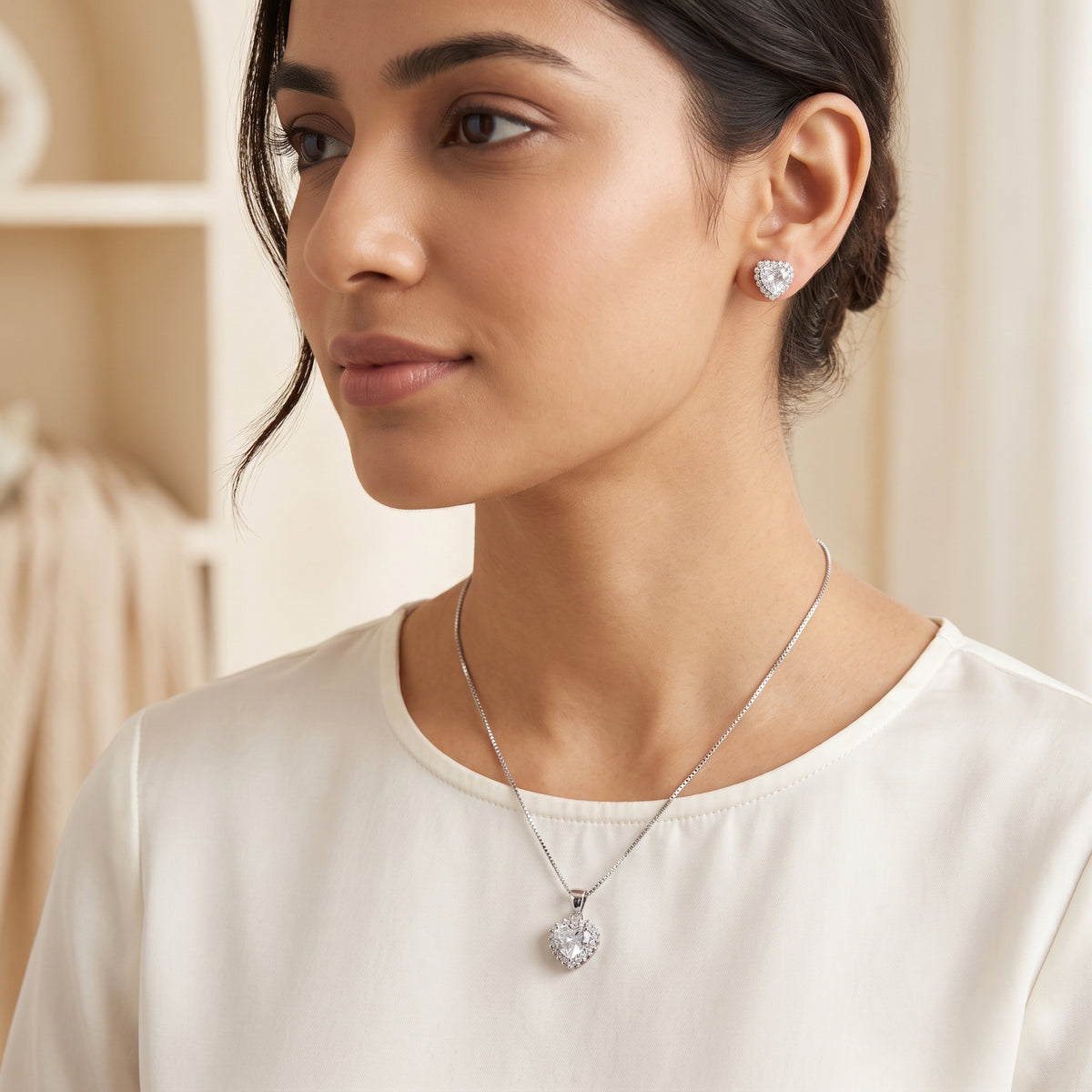 Silver Round Halo CZ Necklace & Earring Set