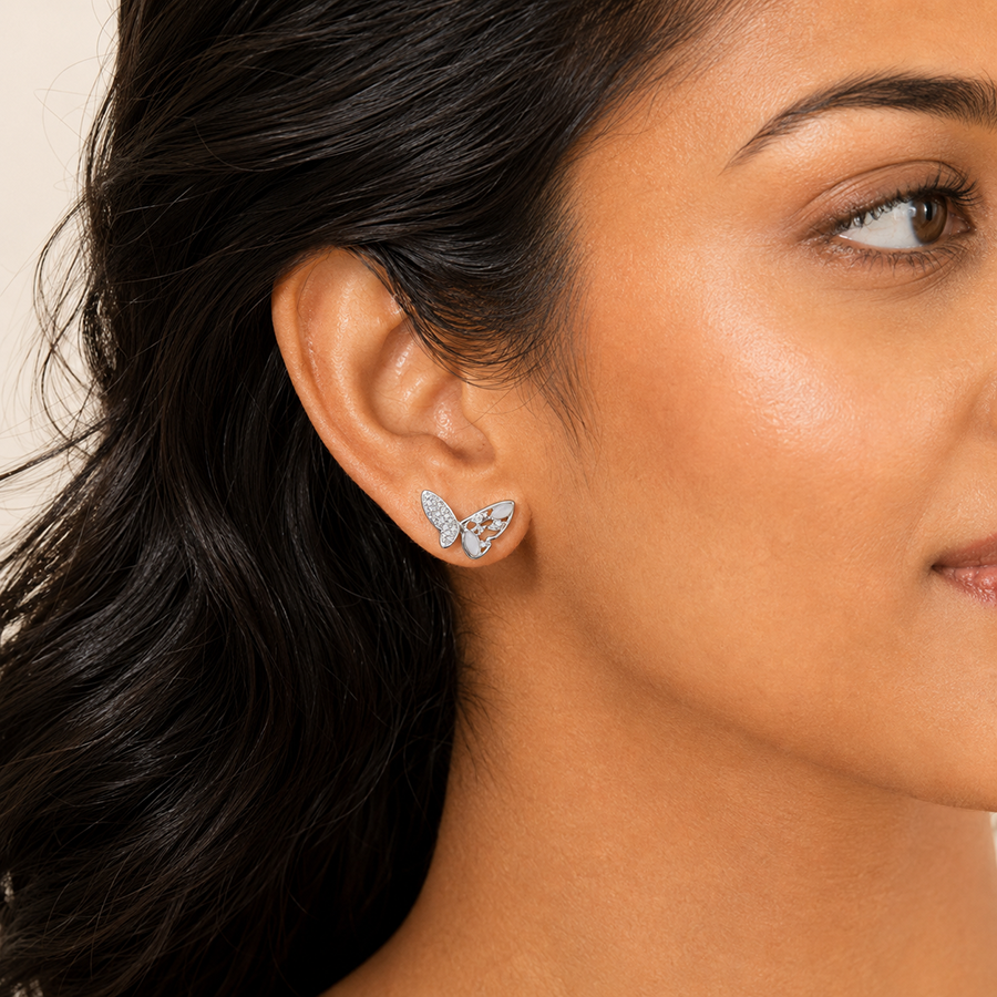 Silver Pave Butterfly Stud Earrings