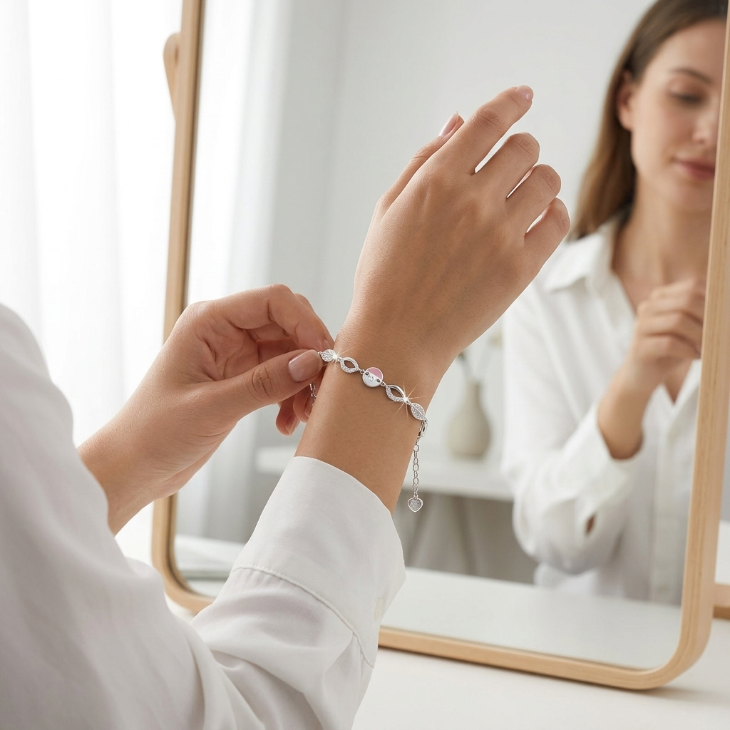 Woman fastening the Pink Enamel & Pave Leaf Silver Bracelet onto her wrist, showcasing the delicate wavy silver links and pink center motif