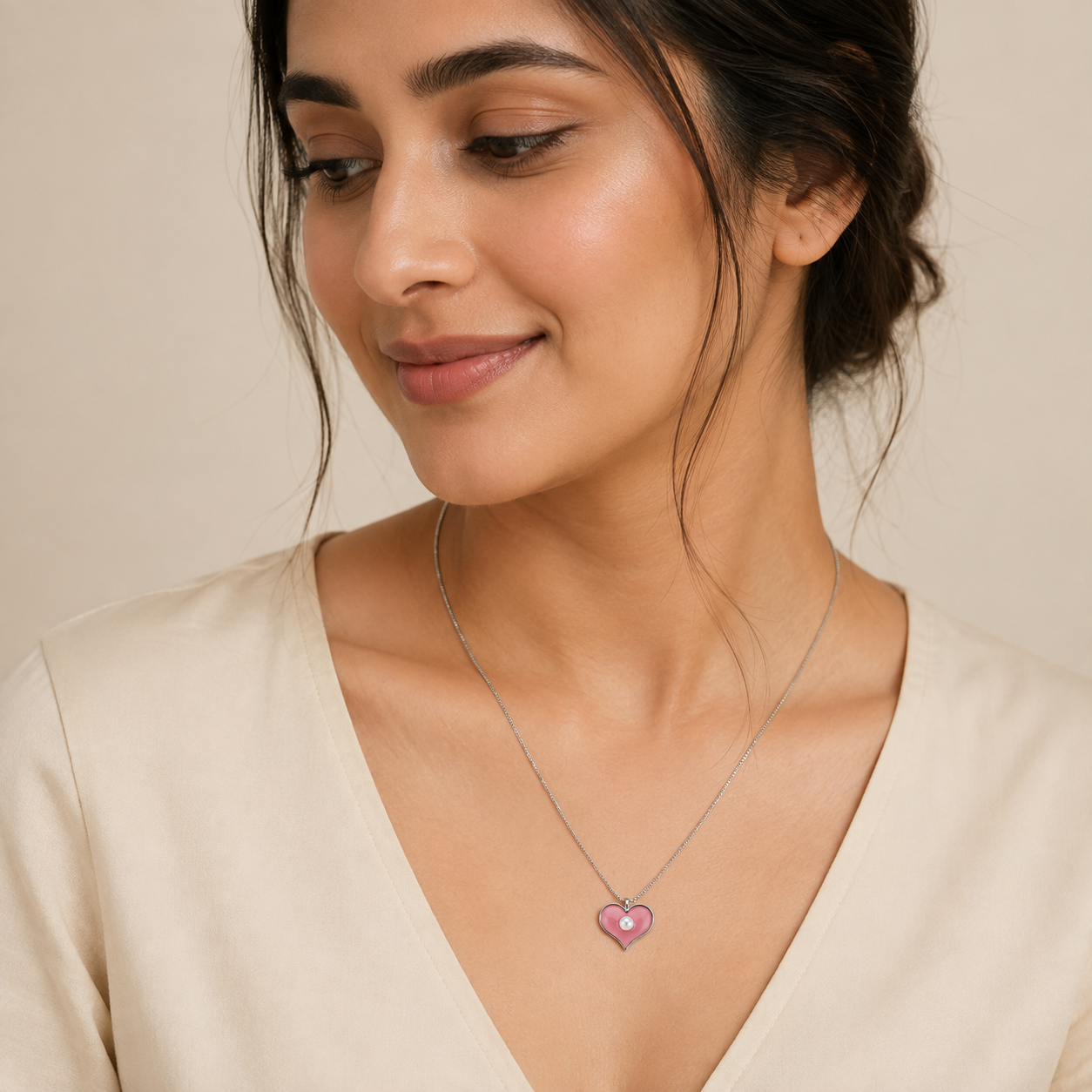 Silver Pink Enamel Heart Pendant