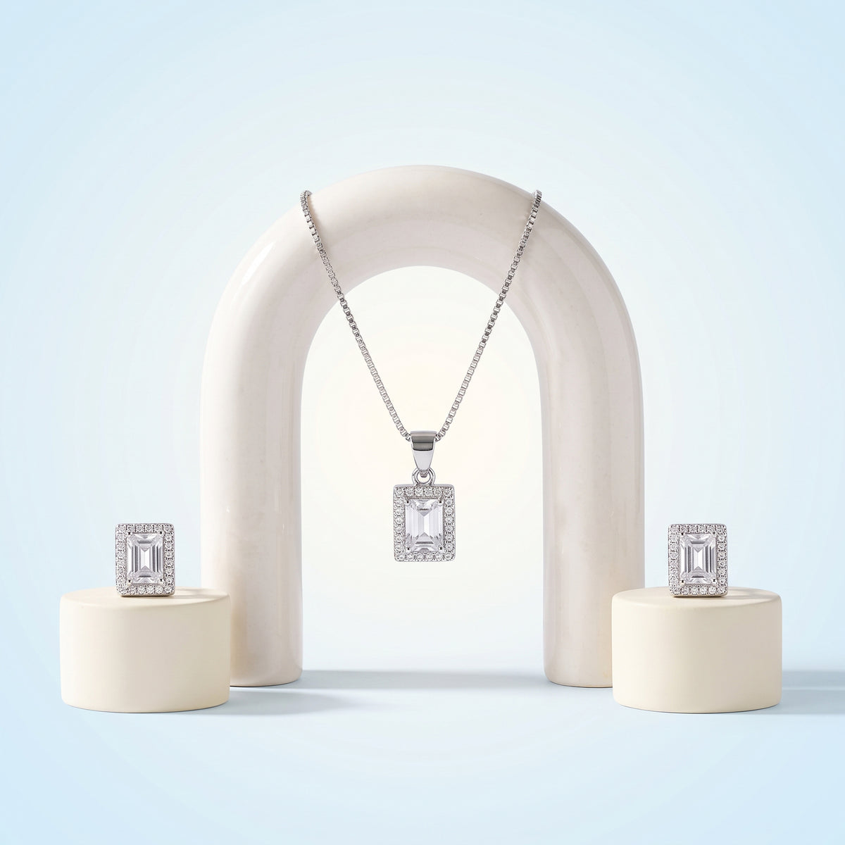Silver Square Halo CZ Necklace & Earring Set