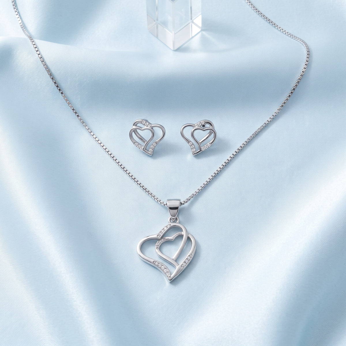 Silver Interlocking Open Heart Pendant & Earring Set
