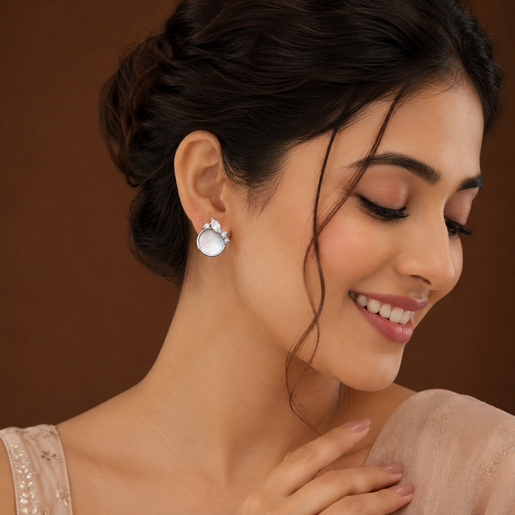 Silver Mother-of-Pearl Crystal Stud Earrings