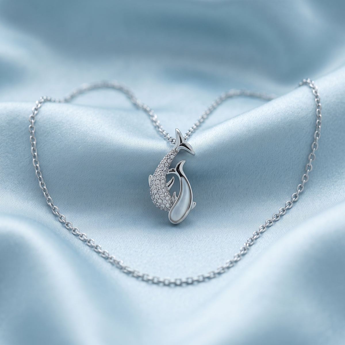 Silver Mother of Pearl Twin Dolphin Pendant Necklace