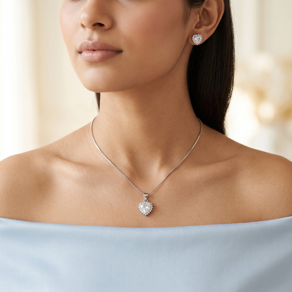 Silver Heart Halo CZ Necklace & Earring Set