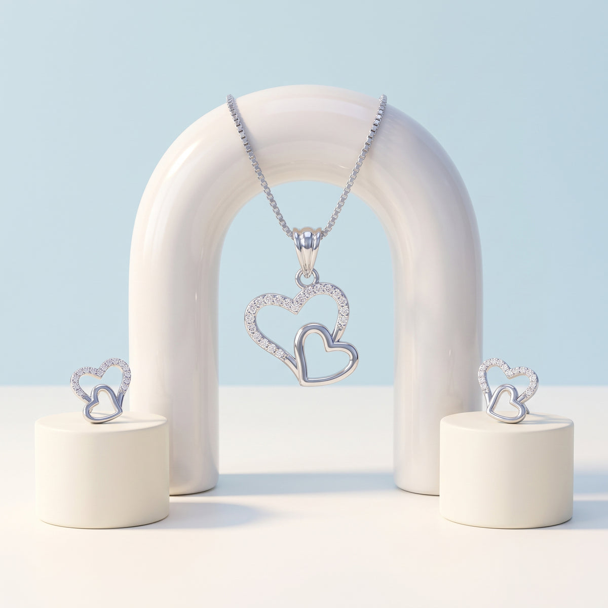 Silver Pavé Double Open Heart Necklace & Earring Set