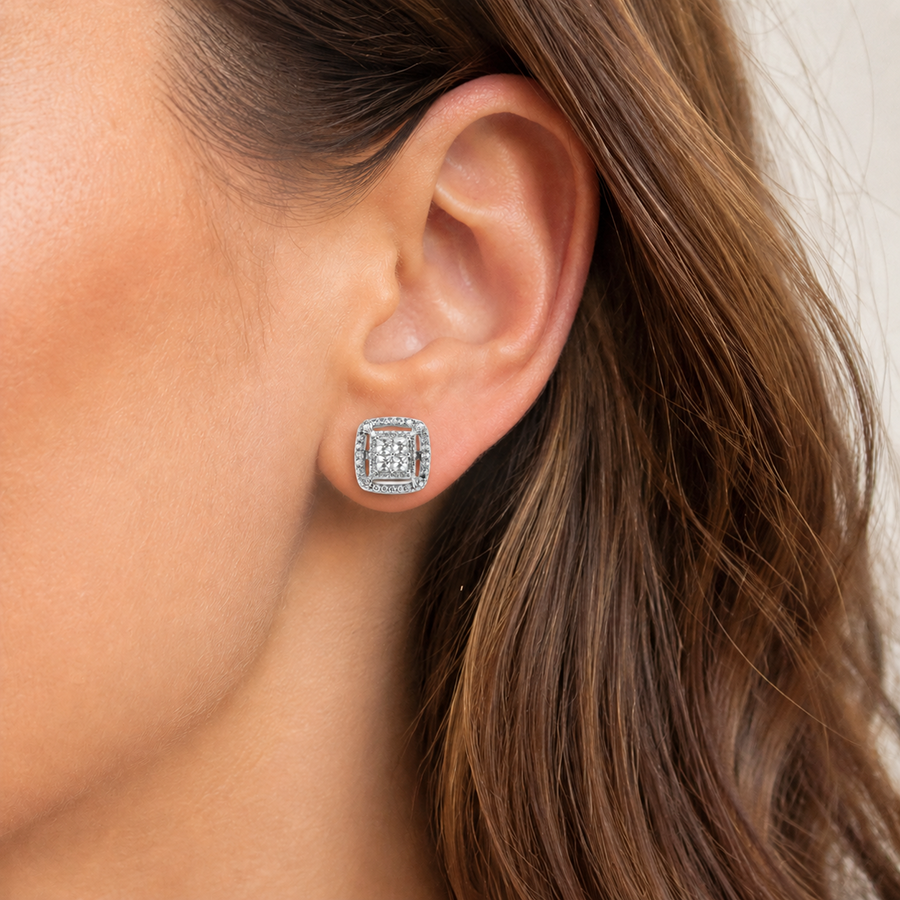 Silver Cushion Halo Stud Earrings