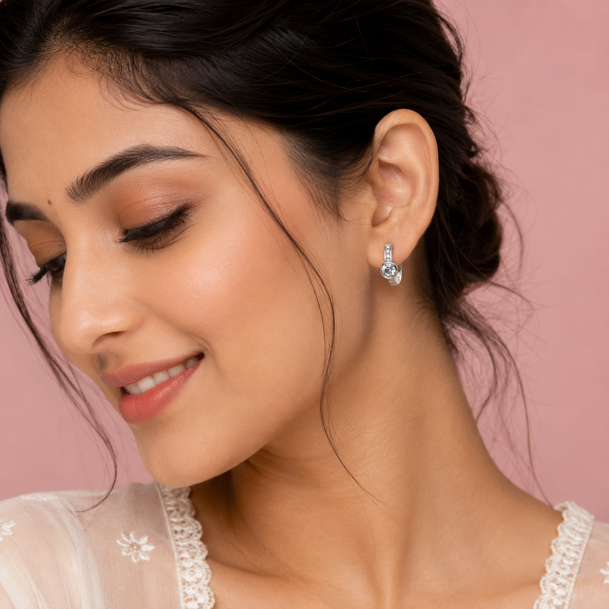 Silver CZ Solitaire Huggie Earrings