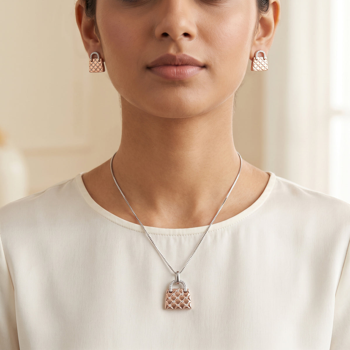 Silver Fan Lattice Pendant Necklace & Earring Set