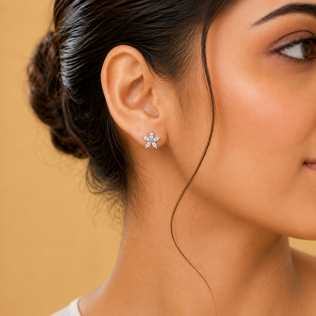 Silver Sparkling Flower Stud Earrings