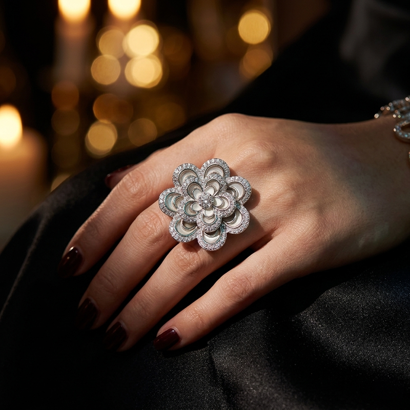 3D Flower Design Silver Ring For Women - 1
