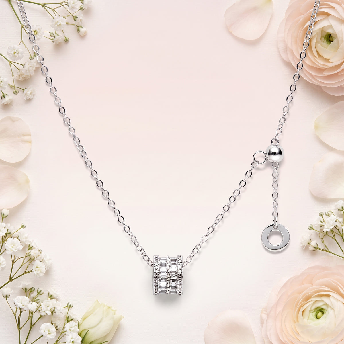 Silver Baguette Barrel Pendant Necklace