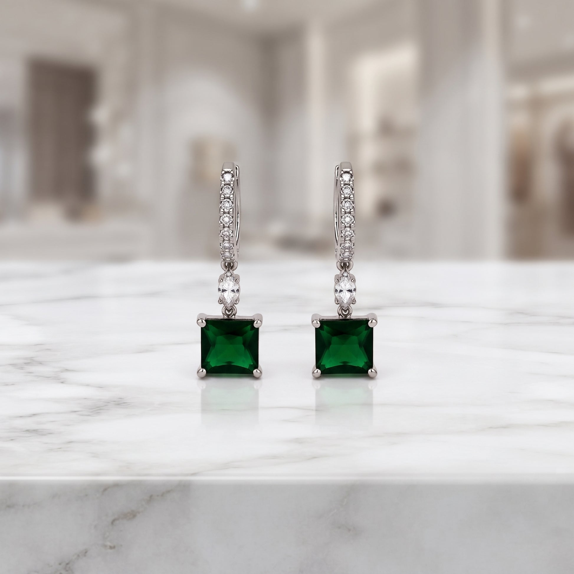 Silver Green Emerald Cut Solitaire Drop Earrings