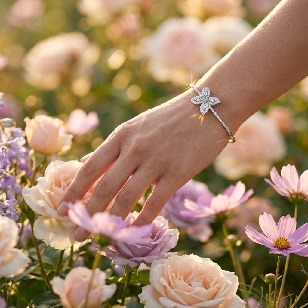Woman's hand gently touching blooming pink roses, showcasing a sparkling Silver Butterfly Kada on her wrist