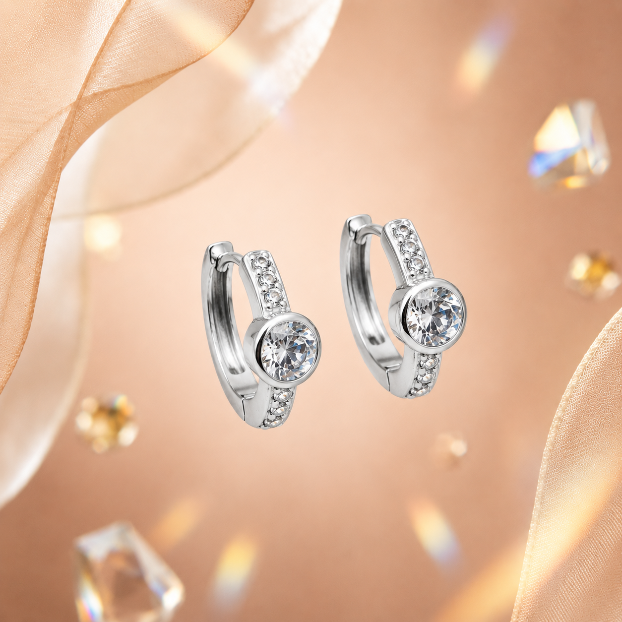 Silver CZ Solitaire Huggie Earrings