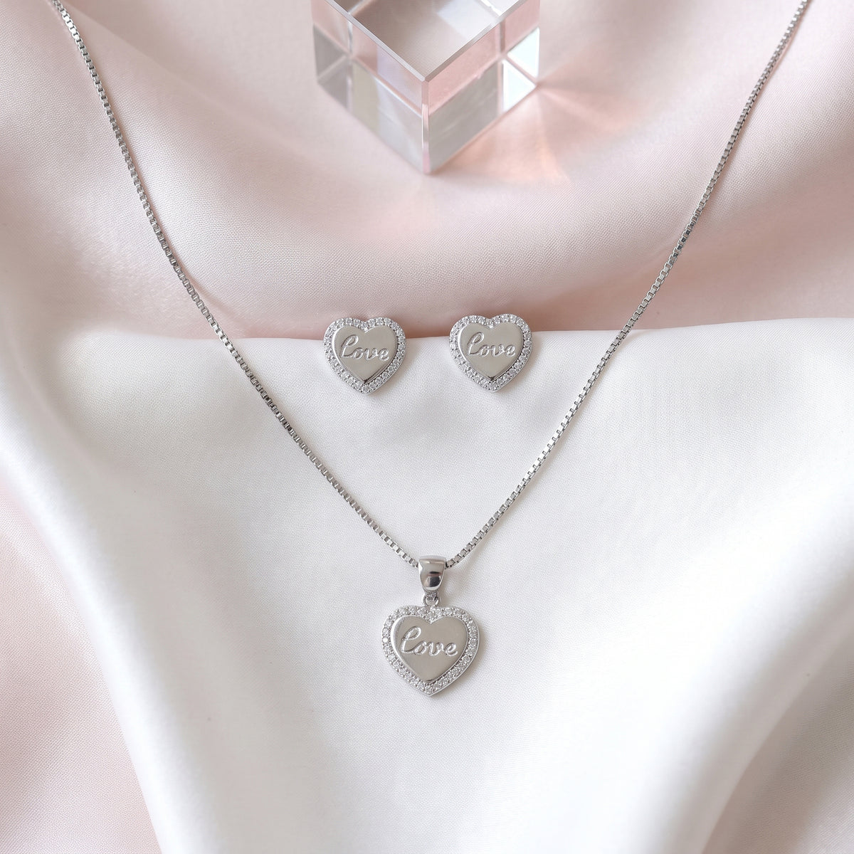 Silver Pavé Heart Pendant Necklace & Earring Set