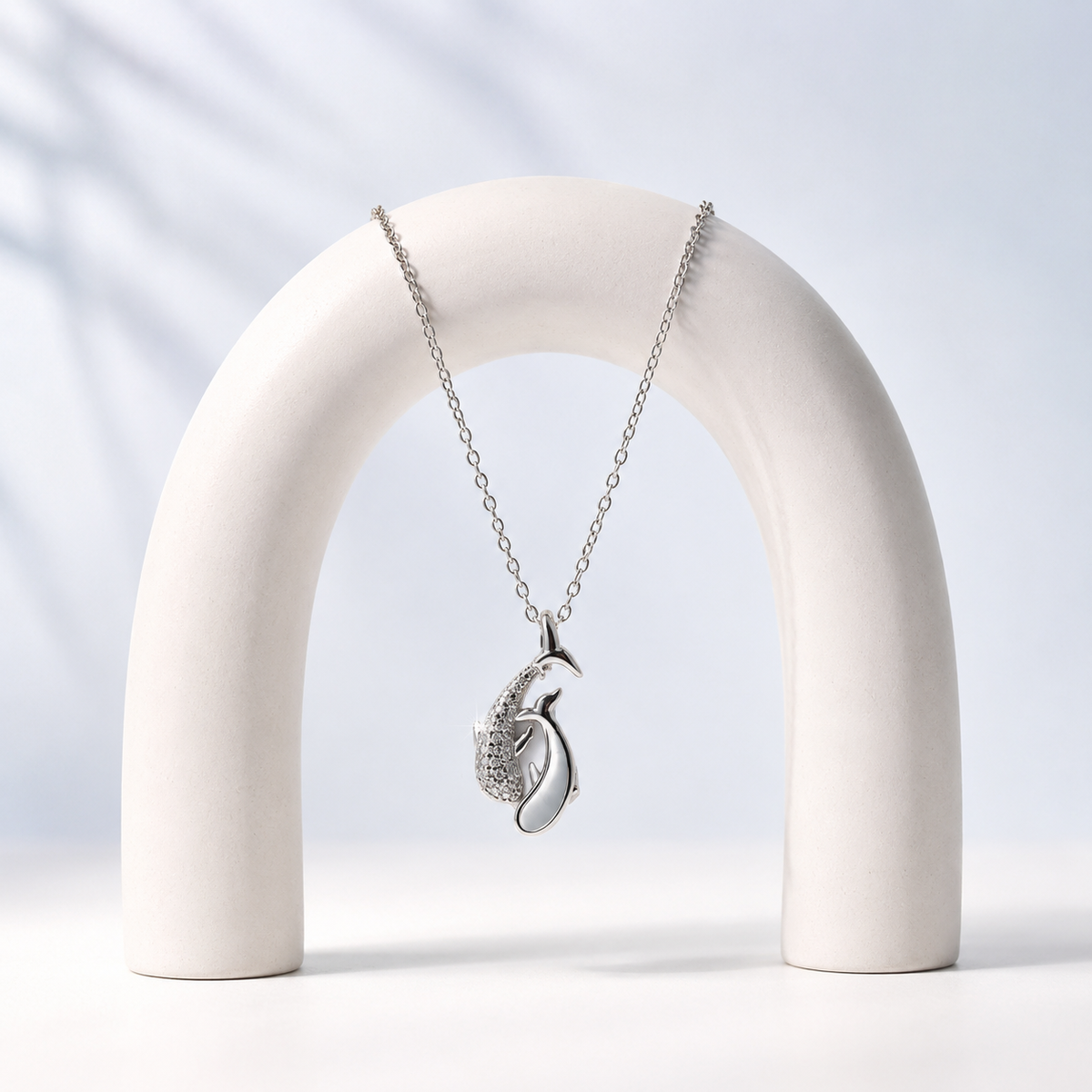 Silver Mother of Pearl Twin Dolphin Pendant Necklace