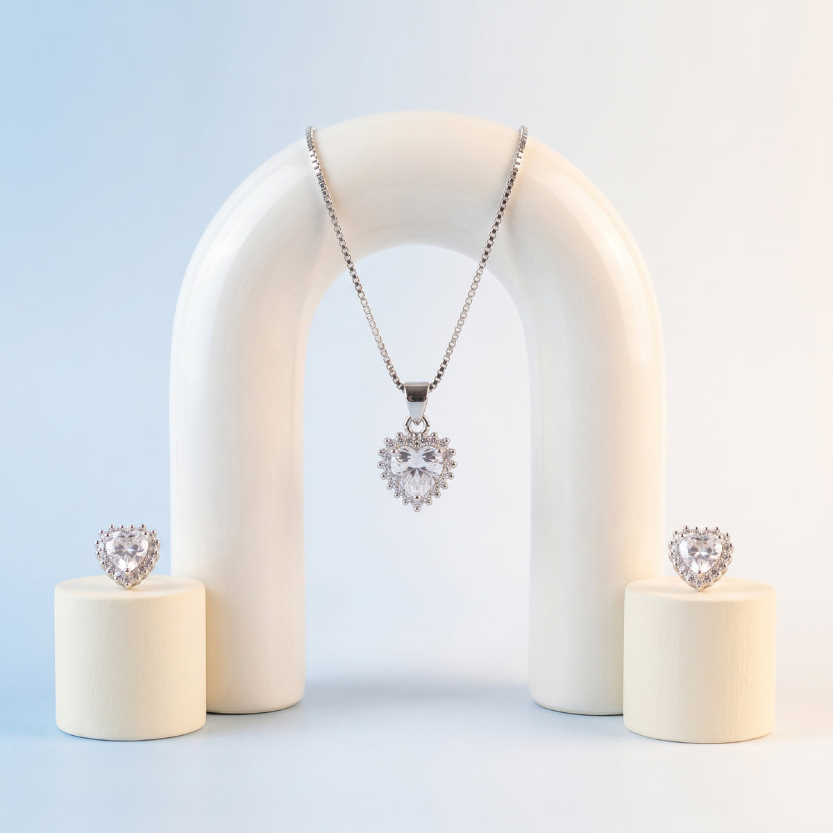 Silver Round Halo CZ Necklace & Earring Set