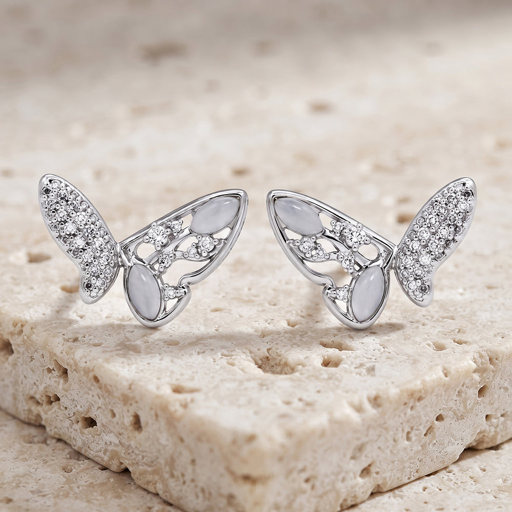 Silver Pave Butterfly Stud Earrings