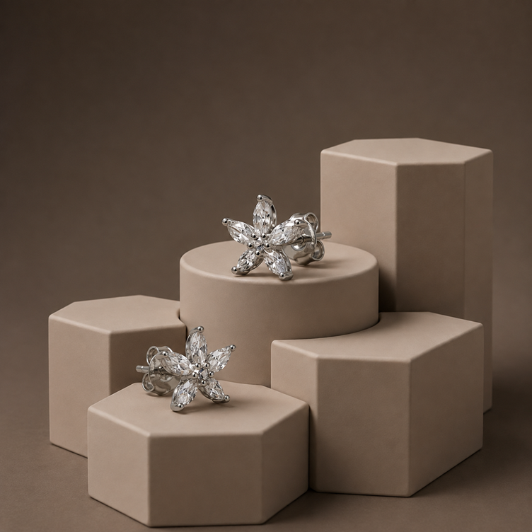 Silver Sparkling Flower Stud Earrings