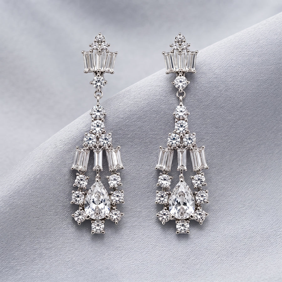 Silver Marquise and Baguette Cluster Drop Earrings