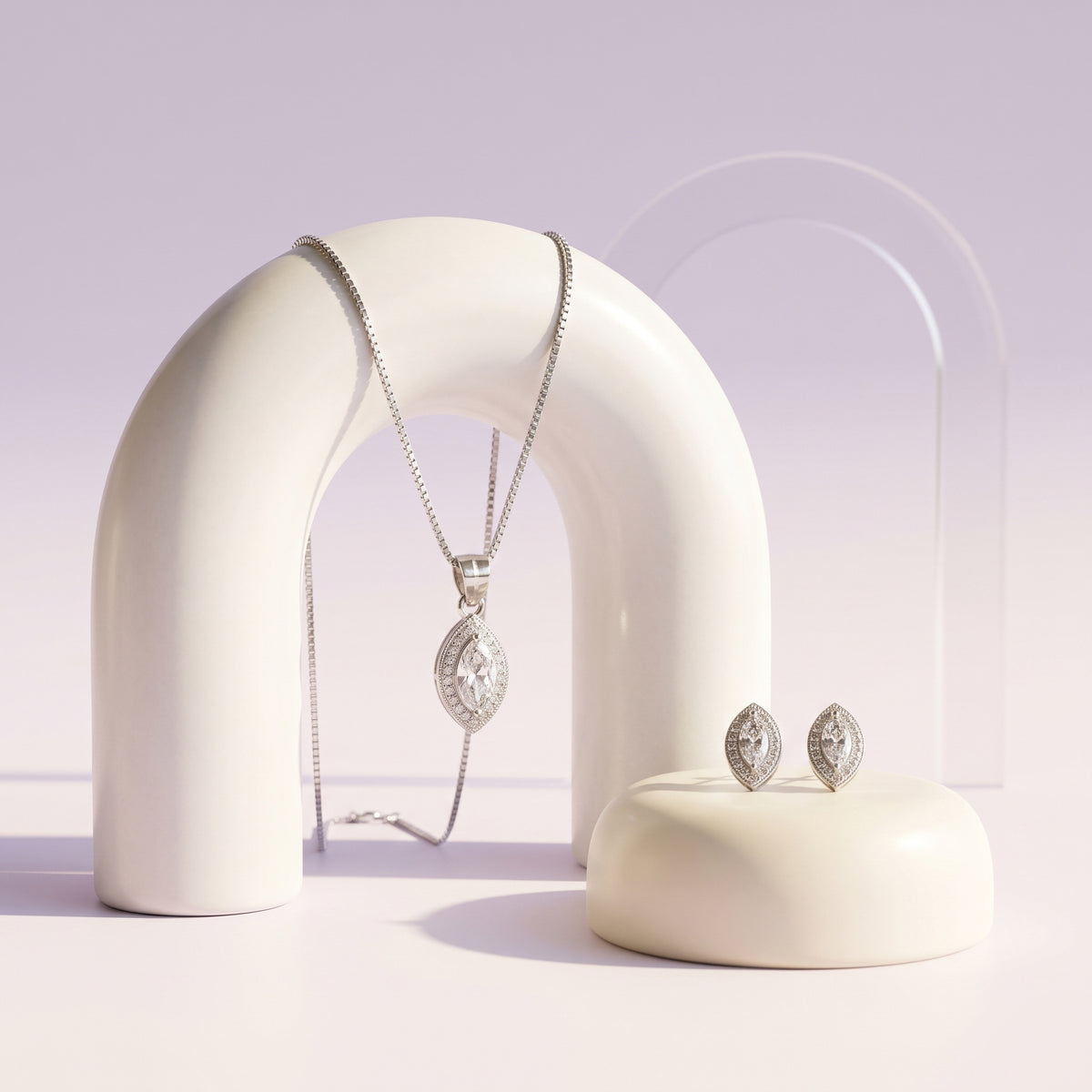 Silver Marquise Halo Pendant & Earring Set