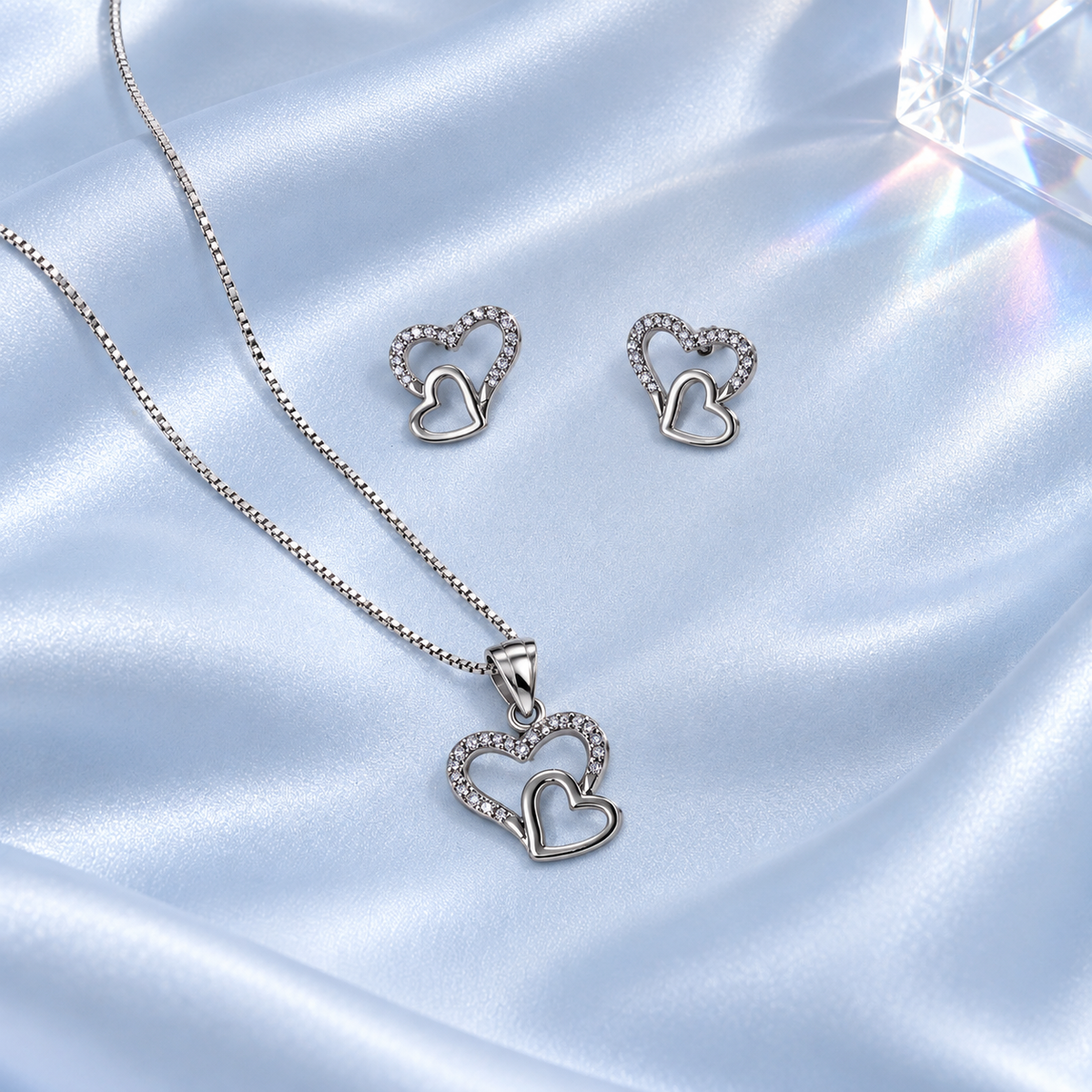 Silver Pavé Double Open Heart Necklace & Earring Set
