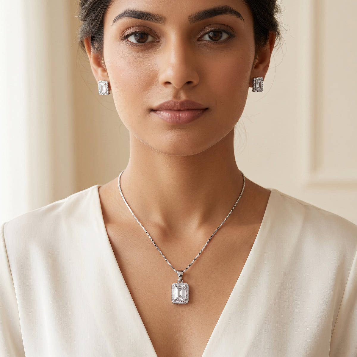 Silver Square Halo CZ Necklace & Earring Set