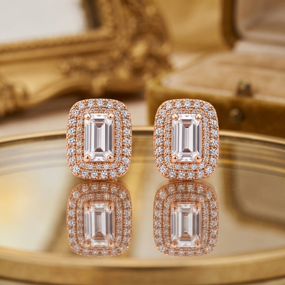 Silver Square Halo CZ Stud Earrings