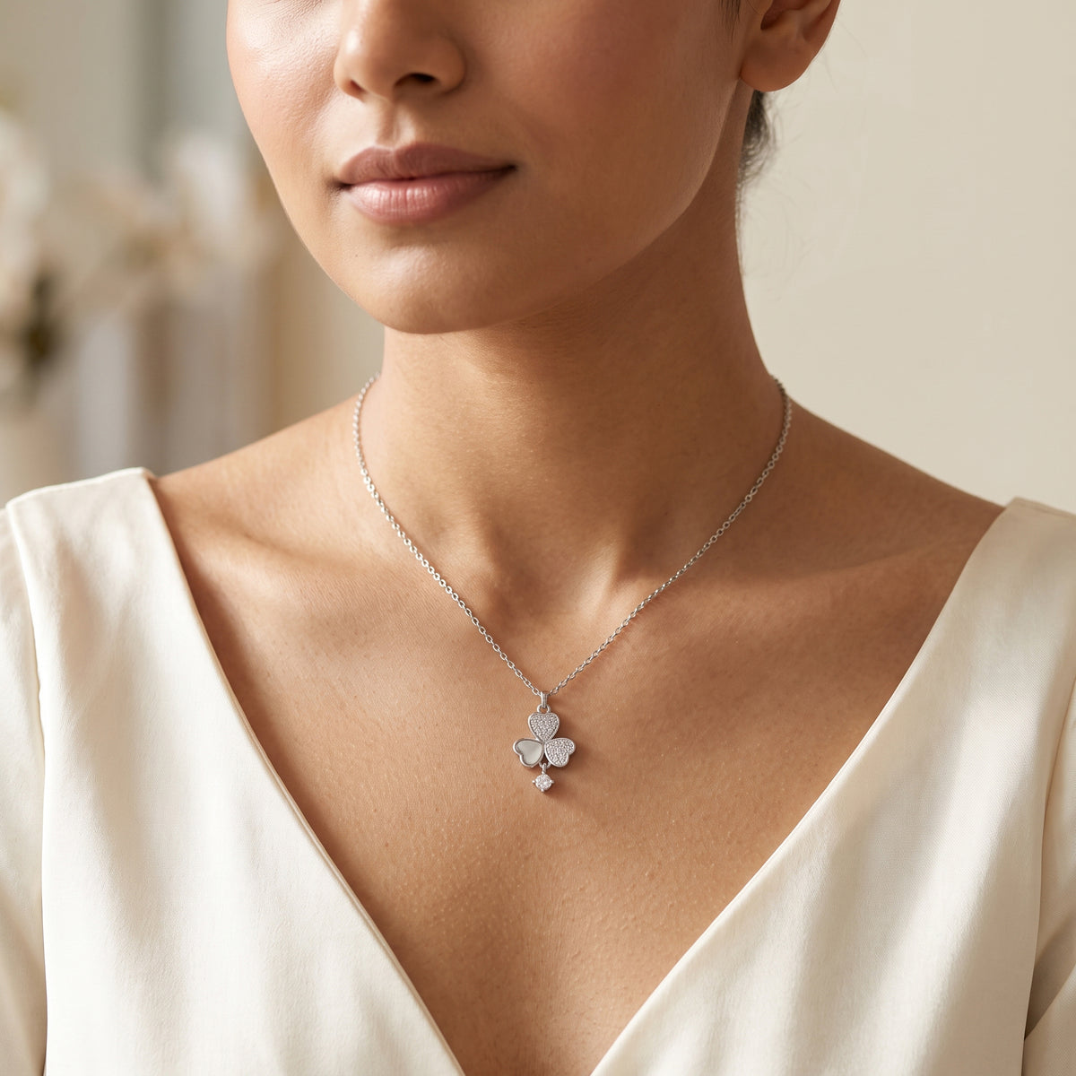 Silver Pave Clover Pendant Necklace