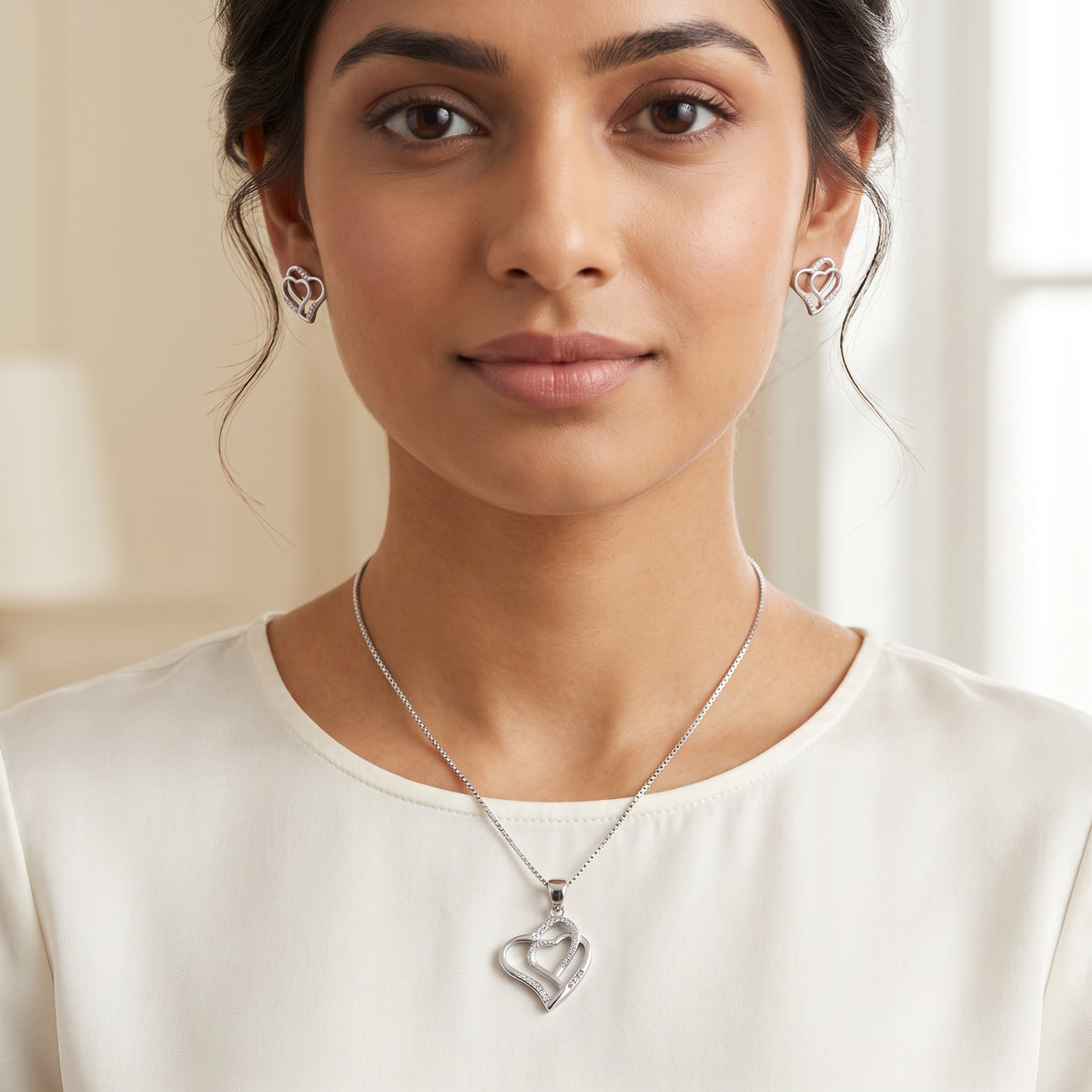 Silver Interlocking Open Heart Pendant & Earring Set
