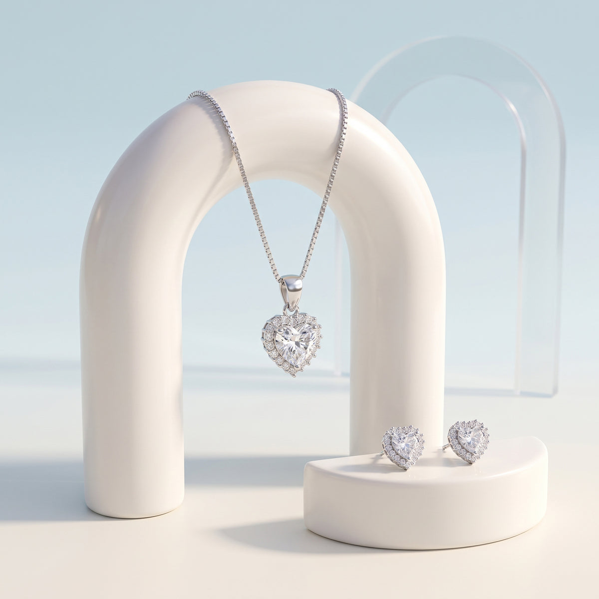 Silver Heart Halo CZ Necklace & Earring Set