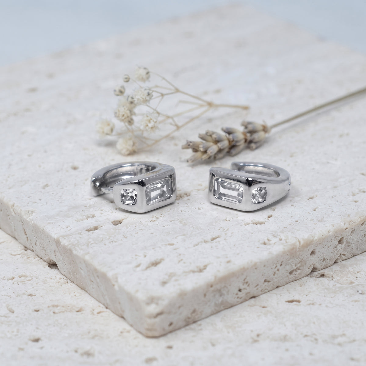 Silver Baguette CZ Huggie Earrings