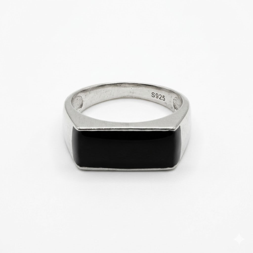 Men's silver ring with black stone showing S925 hallmark