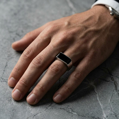 Black Rectangle Stone Ring For Men