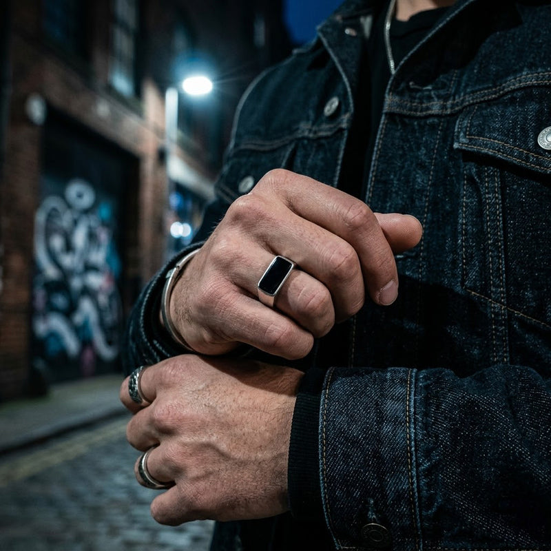 Black Rectangle Stone Ring For Men - 4