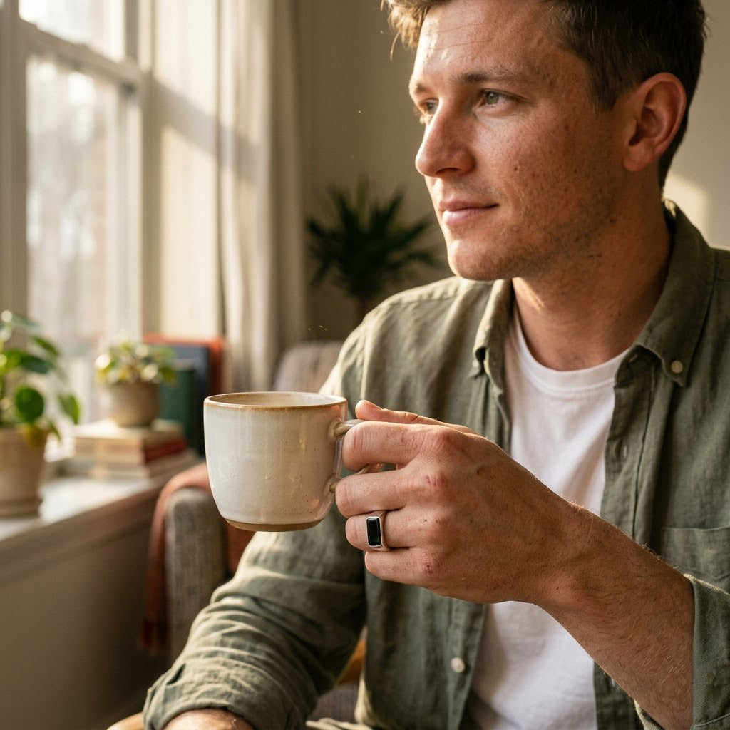 Casual men's 925 silver ring with black stone holding a coffee mug