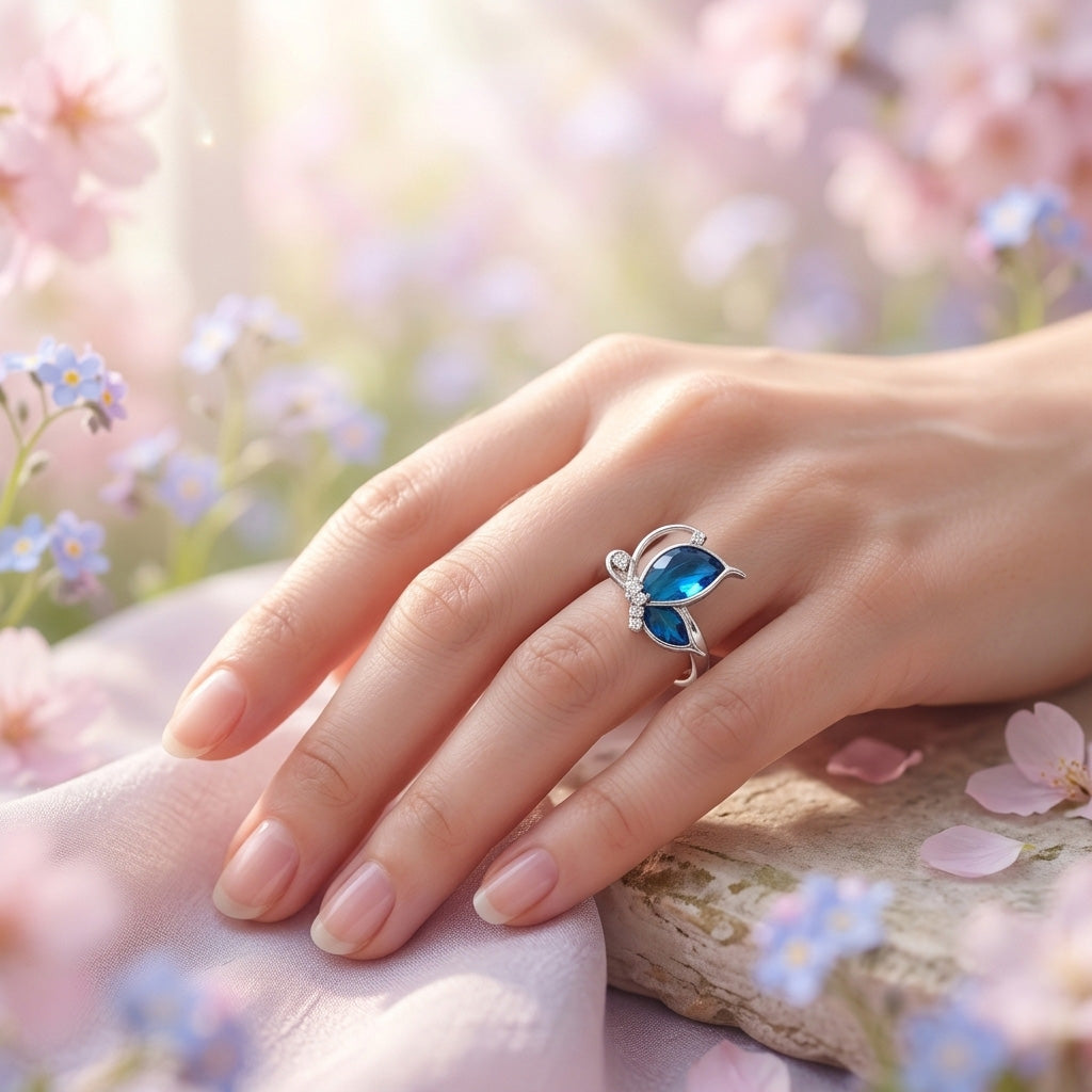 Blue butterfly silver ring on a female ring finger