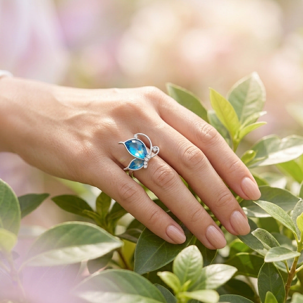 Lifestyle shot of the sitting blue butterfly ring against green leaves