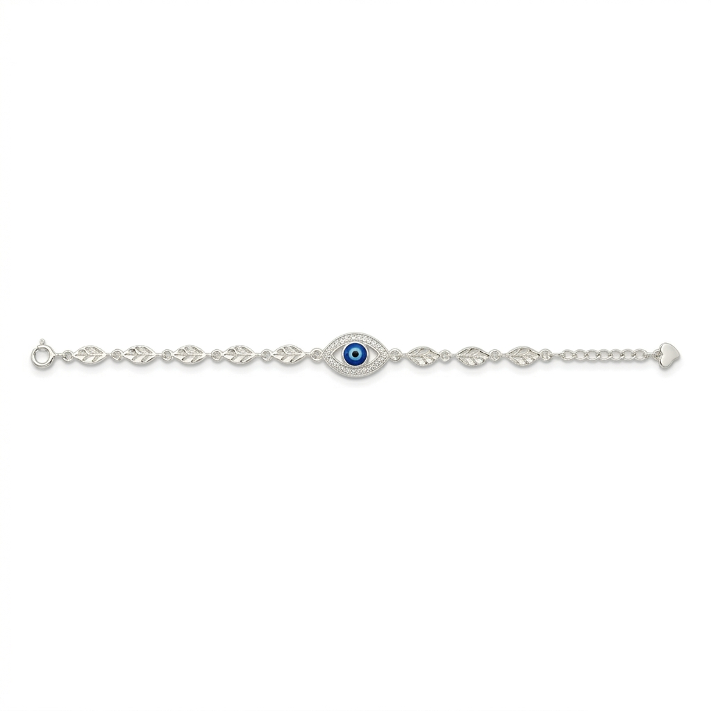 Full-length studio shot of the Blue Evil Eye Leaf Link Silver Bracelet on a white background, clearly showing the spring ring clasp and leaf motif links.
