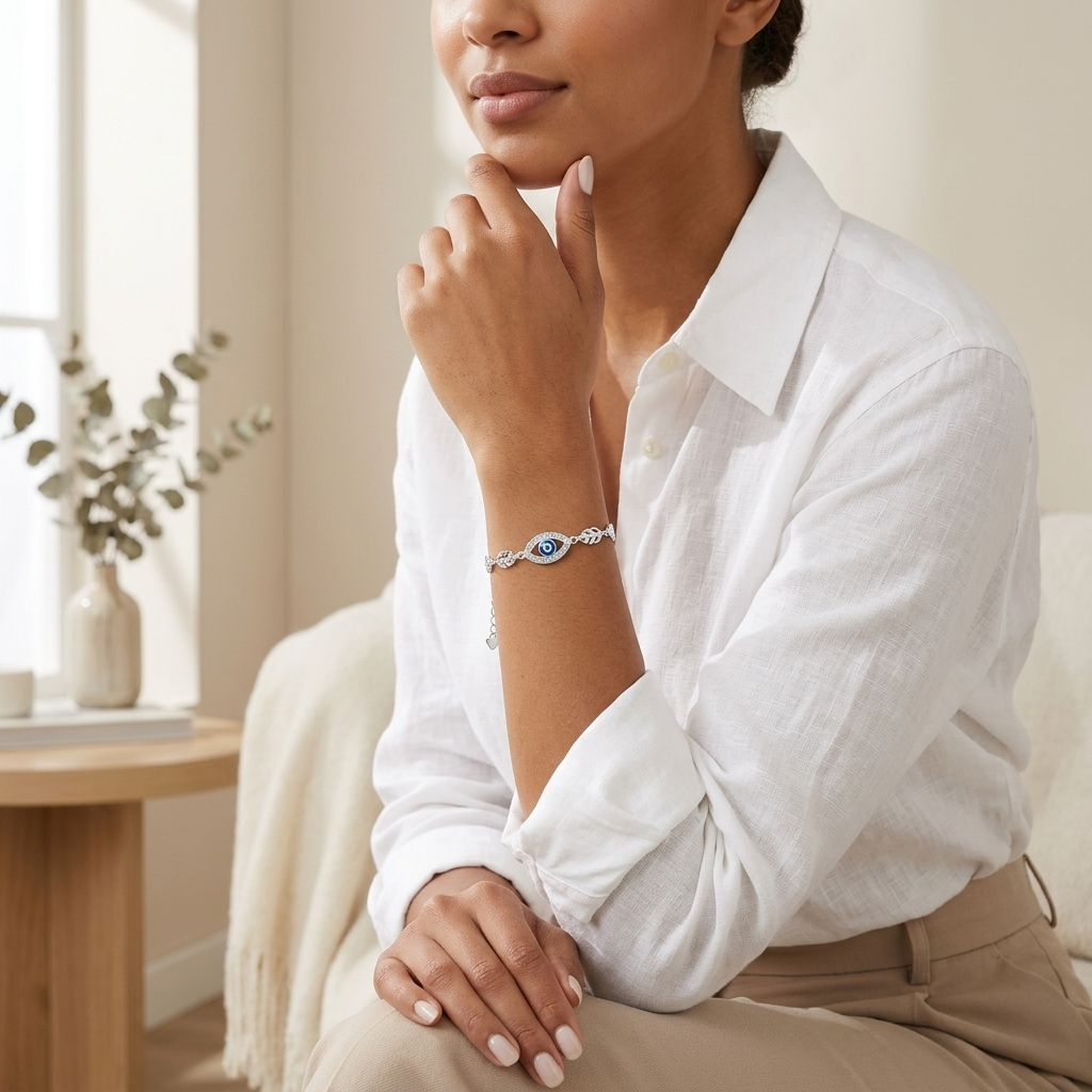 A woman in a crisp white shirt thoughtfully resting her chin on her hand, showcasing the Blue Evil Eye Leaf Link Silver Bracelet on her wrist