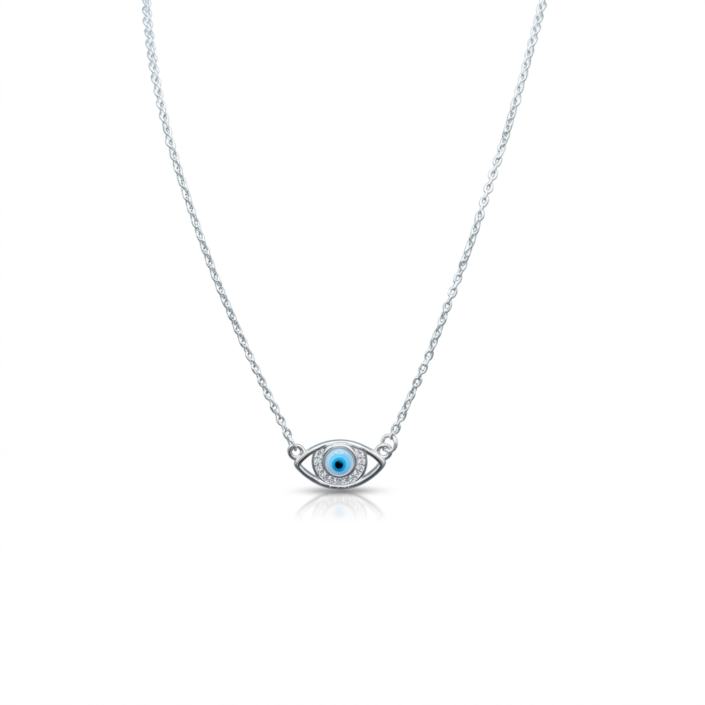 Front-facing studio shot of the Blue Evil Eye Silver Necklace on a crisp white background