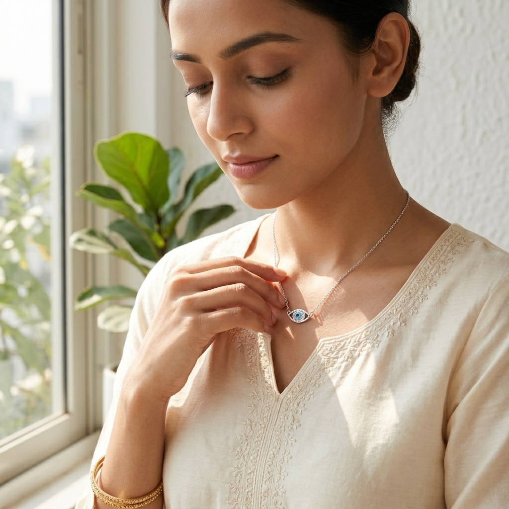 A woman smiling gently while holding the pendant of her Blue Evil Eye Silver Necklace