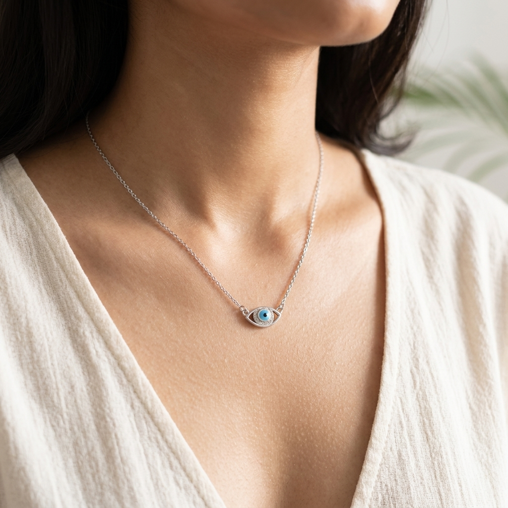 Close-up of the Blue Evil Eye Silver Necklace resting beautifully on a woman's collarbone.