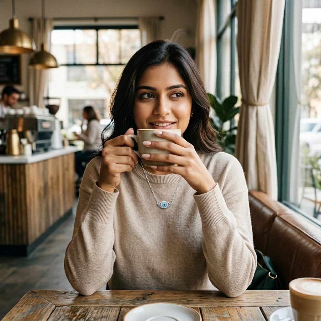 Lifestyle shot of a woman in a cafe enjoying coffee while wearing the Blue Evil Eye Silver Necklace