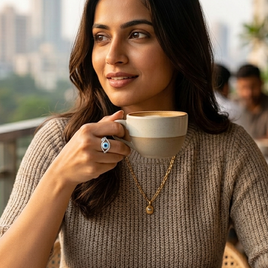 Lifestyle portrait of a smiling woman drinking from a coffee cup, elegantly styling the Blue Evil Eye Silver Ring