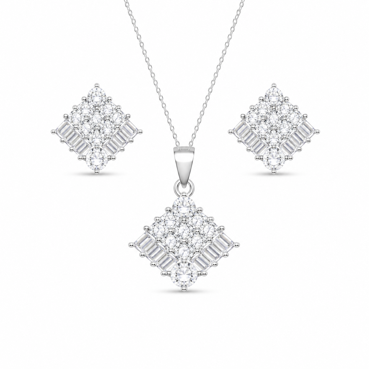 Brilliant Rhombus Baguette Sterling Silver Pendant Set featuring a necklace and matching stud earrings